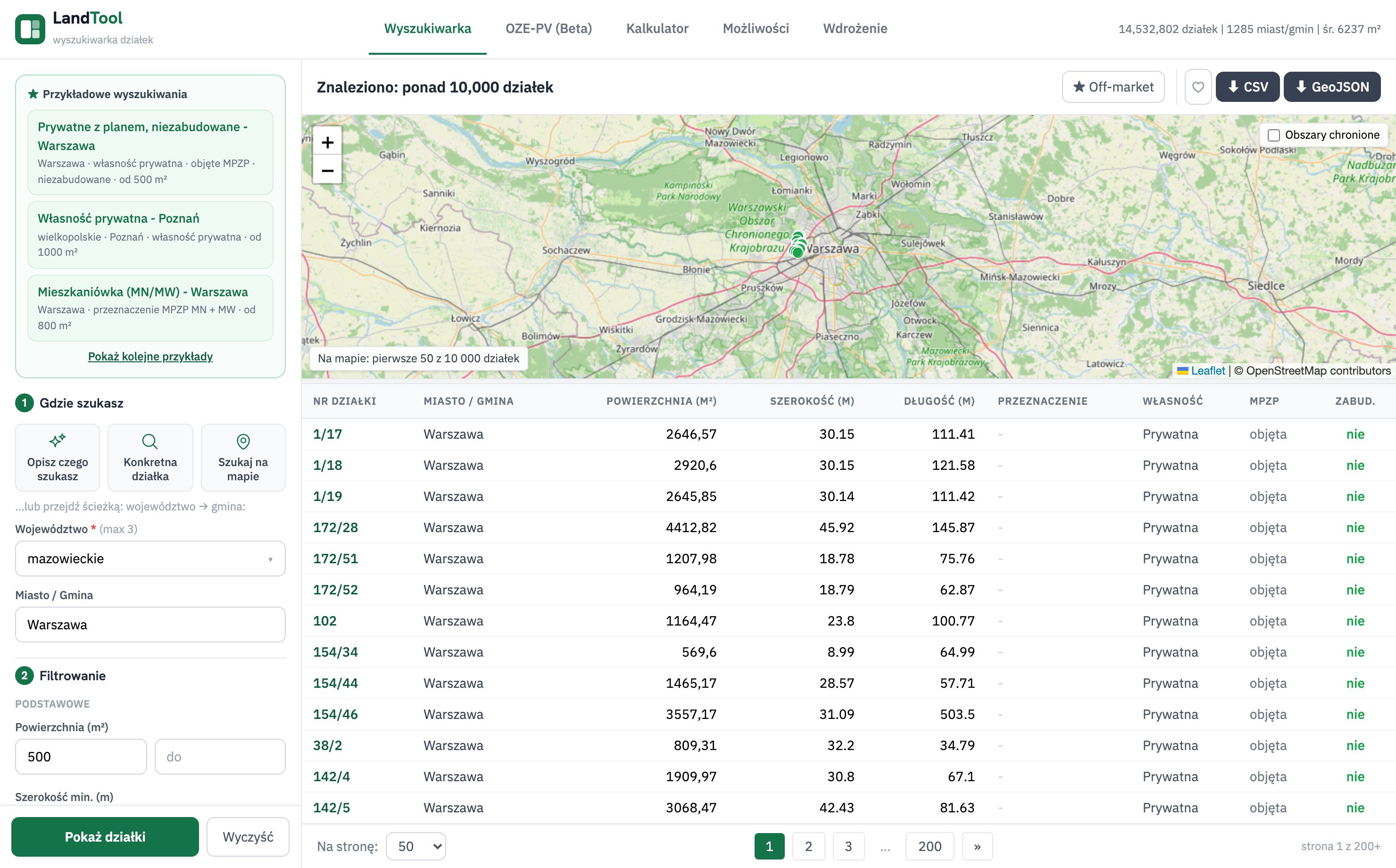 Lista działek i mapa - preset Warszawa